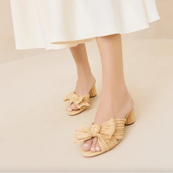 Loeffler Randall Emilia Slide Gold Bow Low Round Heel Crinkle Sandals Size 7.5 - Picture 2 of 12